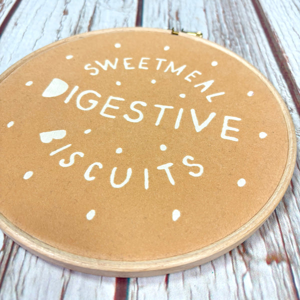 Rich Tea and Digestive Biscuit Embroidery Hoop 7"