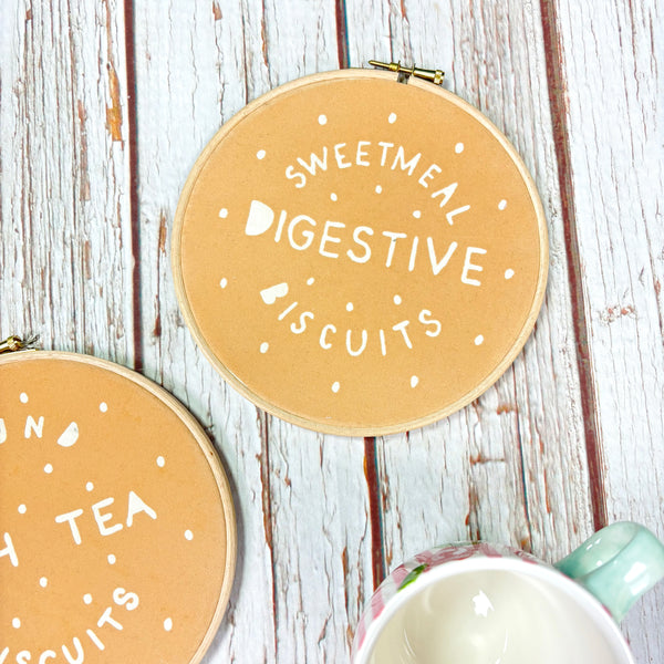 Rich Tea and Digestive Biscuit Embroidery Hoop 7"