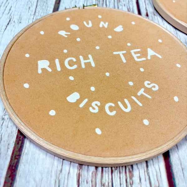 Rich Tea and Digestive Biscuit Embroidery Hoop 7"