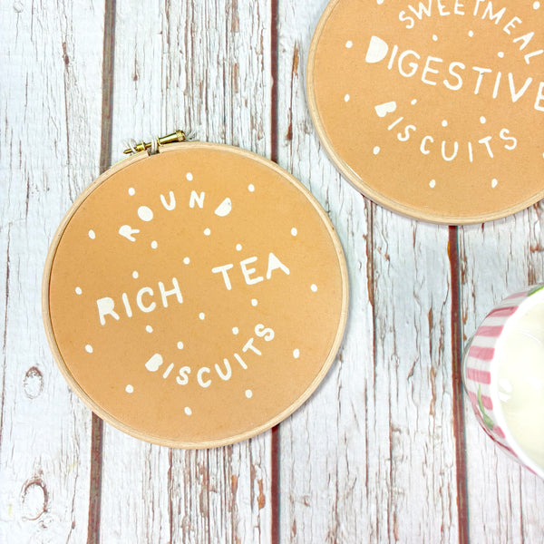 Rich Tea and Digestive Biscuit Embroidery Hoop 7"