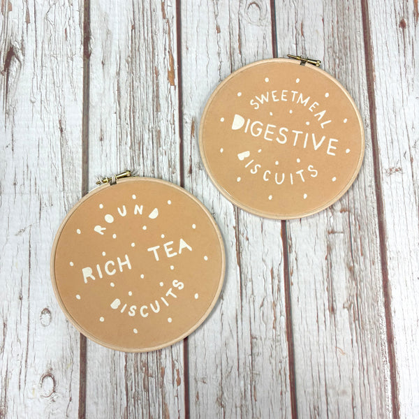 Rich Tea and Digestive Biscuit Embroidery Hoop 7"