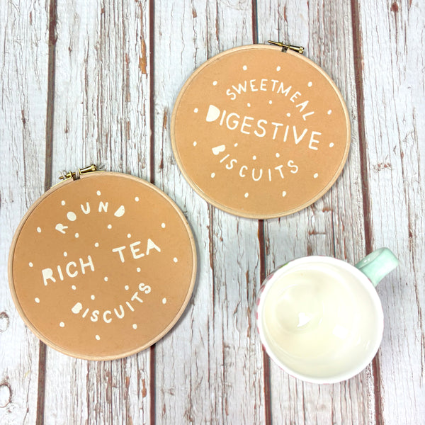 Rich Tea and Digestive Biscuit Embroidery Hoop 7"