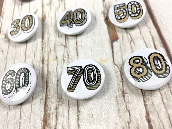 Birthday Badges! 20-80 - Juniper Red Accessories, Anniversary, Badges, Birthday 44ideas.co.uk