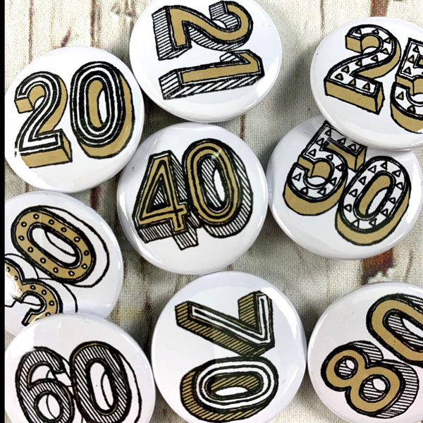 Birthday Badges! 20-80 - Juniper Red Accessories, Anniversary, Badges, Birthday 44ideas.co.uk
