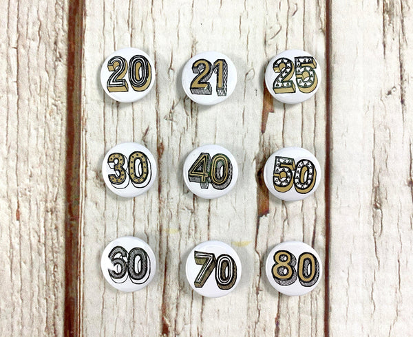 Birthday Badges! 20-80 - Juniper Red Accessories, Anniversary, Badges, Birthday 44ideas.co.uk