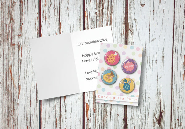 Birthday Badge Card- Dancing Tea Party Badges, Birthday, Cards, Lucy Teacup 44ideas.co.uk