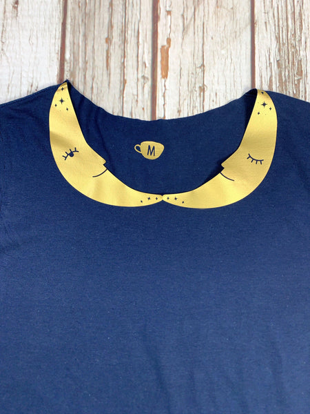 Crescent Moon Peter-Pan Collar Woman's Navy T-Shirt Lucy Teacup, T-Shirts, Womens Clothes 44ideas.co.uk