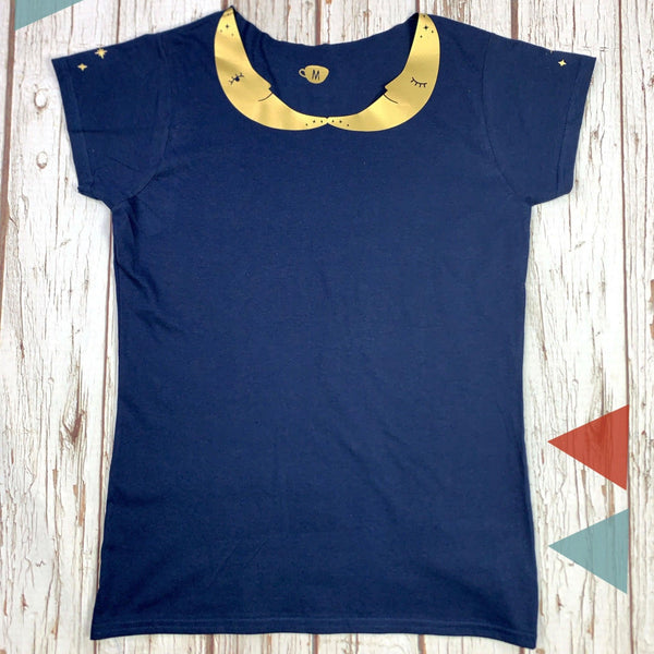 Crescent Moon Peter-Pan Collar Woman's Navy T-Shirt Lucy Teacup, T-Shirts, Womens Clothes 44ideas.co.uk