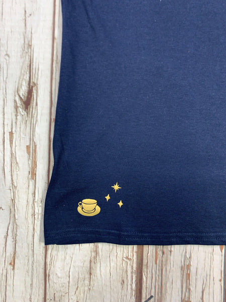 Crescent Moon Peter-Pan Collar Woman's Navy T-Shirt Lucy Teacup, T-Shirts, Womens Clothes 44ideas.co.uk