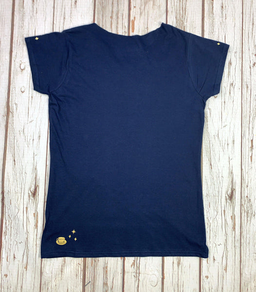 Crescent Moon Peter-Pan Collar Woman's Navy T-Shirt Lucy Teacup, T-Shirts, Womens Clothes 44ideas.co.uk