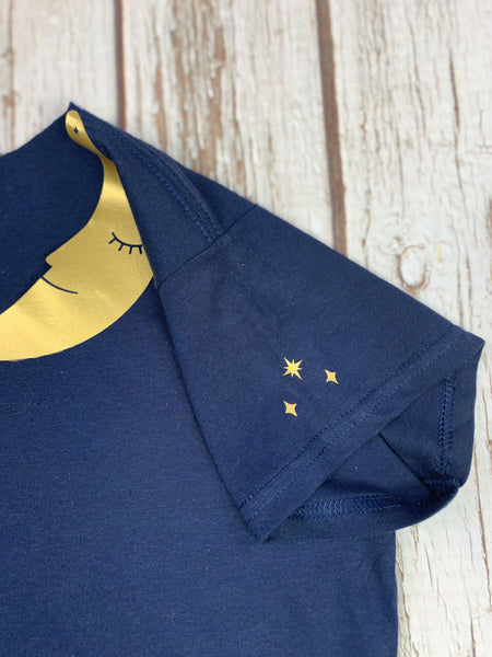 Crescent Moon Peter-Pan Collar Woman's Navy T-Shirt Lucy Teacup, T-Shirts, Womens Clothes 44ideas.co.uk