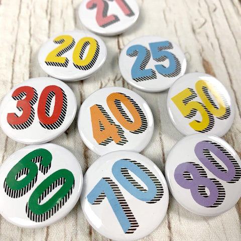Bright Birthday Badges 20-80 - Bradford Buzz Accessories, Badges, Font Not Found, Font: Bradford Buzz 44ideas.co.uk
