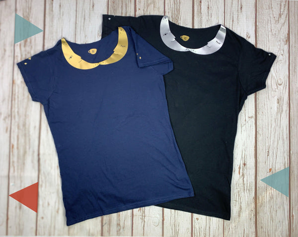 Crescent Moon Peter-Pan Collar Woman's Navy T-Shirt Lucy Teacup, T-Shirts, Womens Clothes 44ideas.co.uk