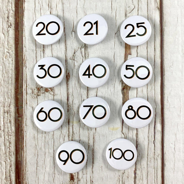 Birthday Badges! 20-100 -Branson Accessories, Badges, Font Not Found, Font: Branson 44ideas.co.uk