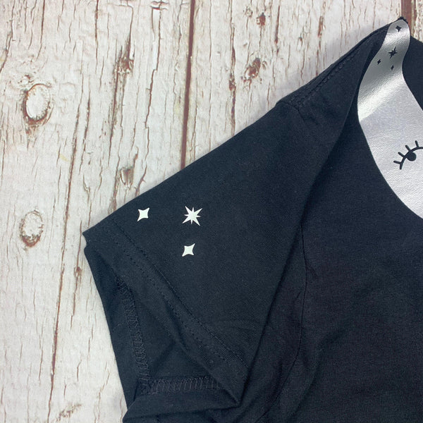 Crescent Moon Peter-Pan Collar Woman's Black T-Shirt Lucy Teacup, T-Shirts, Womens Clothes 44ideas.co.uk