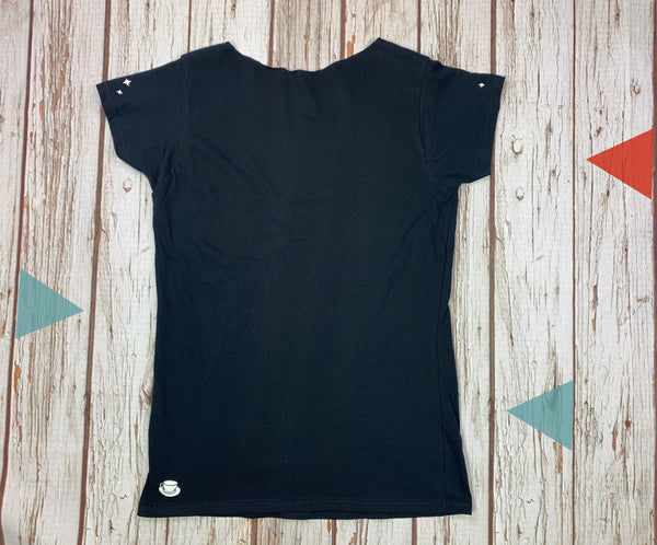 Crescent Moon Peter-Pan Collar Woman's Black T-Shirt Lucy Teacup, T-Shirts, Womens Clothes 44ideas.co.uk