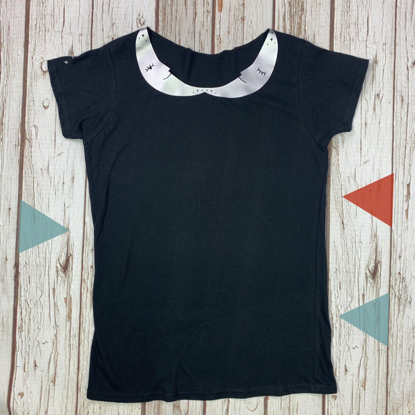 Crescent Moon Peter-Pan Collar Woman's Black T-Shirt Lucy Teacup, T-Shirts, Womens Clothes 44ideas.co.uk