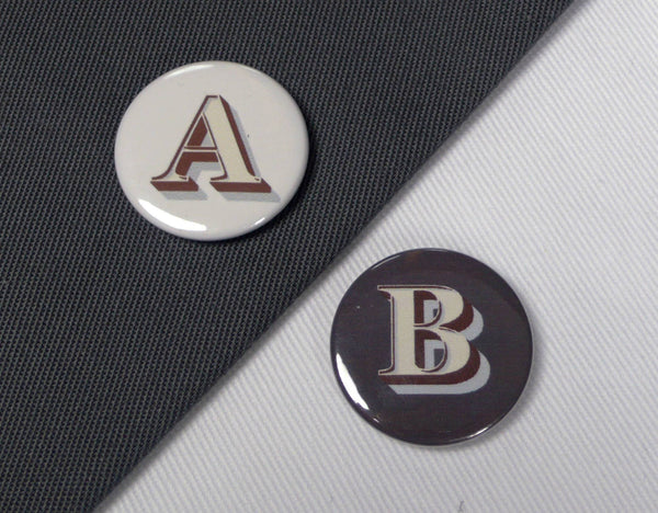 Alphabet Button Badges-Stirling Shadow Accessories, Badges, Font Not Found, Font: Stirling Shadow 44ideas.co.uk