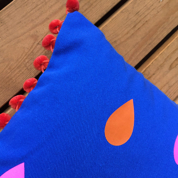 Blue Tropical Raindrop Cushion Cushions, Homeware, Lucy Teacup 44ideas.co.uk