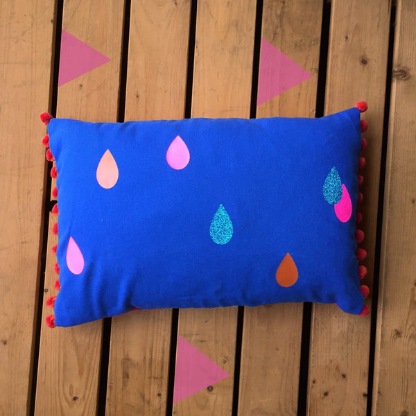 Blue Tropical Raindrop Cushion Cushions, Homeware, Lucy Teacup 44ideas.co.uk
