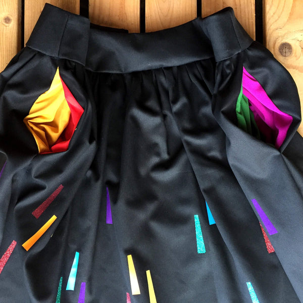 Rainbow Black Handmade Skirt - with Pockets Lucy Teacup, Rainbow, Skirts, Womens Clothes 44ideas.co.uk