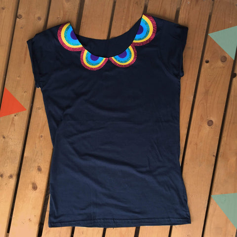 Rainbow Peter-Pan Collar Woman's Black T-Shirt Lucy Teacup, T-Shirts, Womens Clothes 44ideas.co.uk
