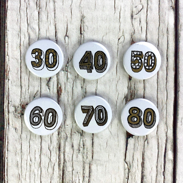 Birthday Badges! 20-80 - Juniper Red Accessories, Anniversary, Badges, Birthday 44ideas.co.uk