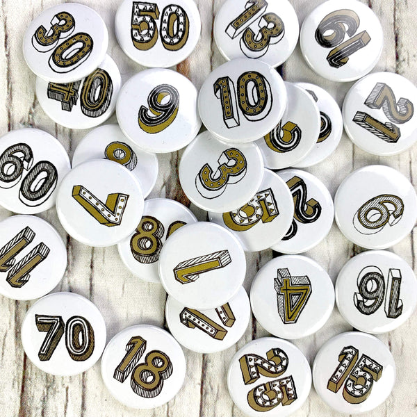 Birthday Badges! 20-80 - Juniper Red Accessories, Anniversary, Badges, Birthday 44ideas.co.uk