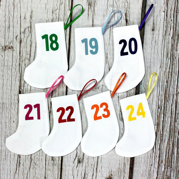 Rainbow Christmas Advent Calendar Mini Stockings - Bingley Bang Christmas, Christmas: Advent, Christmas: Stockings, Font Not Found, Font: Bradford Buzz, Rainbow 44ideas.co.uk