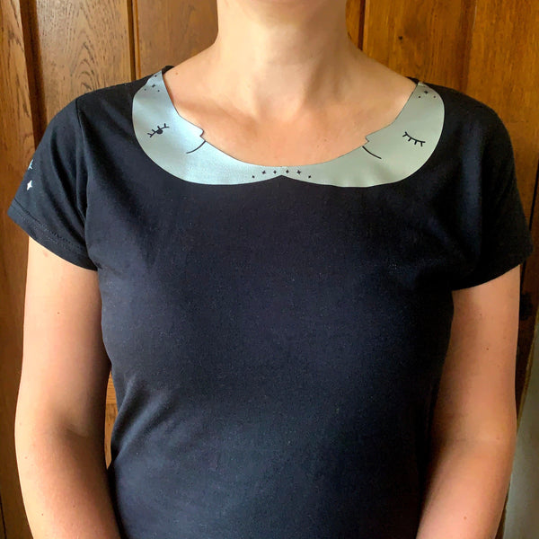 Crescent Moon Peter-Pan Collar Woman's Black T-Shirt Lucy Teacup, T-Shirts, Womens Clothes 44ideas.co.uk