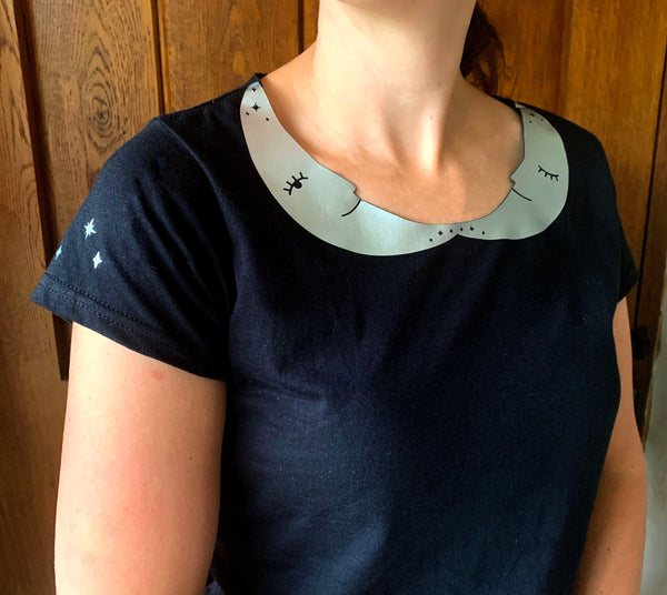 Crescent Moon Peter-Pan Collar Woman's Black T-Shirt Lucy Teacup, T-Shirts, Womens Clothes 44ideas.co.uk