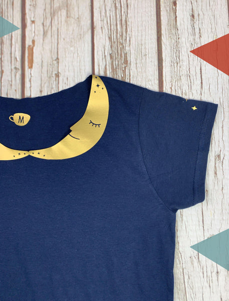 Crescent Moon Peter-Pan Collar Woman's Navy T-Shirt Lucy Teacup, T-Shirts, Womens Clothes 44ideas.co.uk