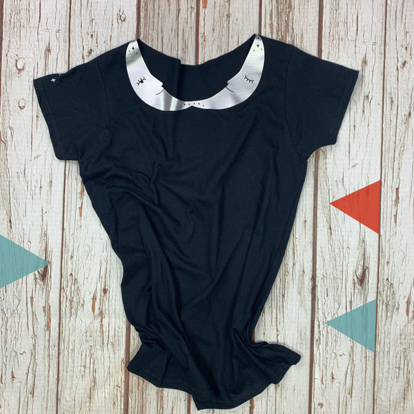 Crescent Moon Peter-Pan Collar Woman's Black T-Shirt Lucy Teacup, T-Shirts, Womens Clothes 44ideas.co.uk