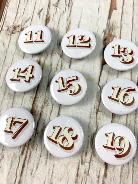 Birthday Number Badges 11-19 - Stirling Shadow Accessories, Anniversary, Badges, Birthday, Font: Stirling Shadow 44ideas.co.uk