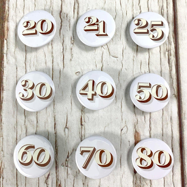 Birthday Number Badges 20-80 - Stirling Shadow Accessories, Badges, Font Not Found, Font: Stirling Shadow 44ideas.co.uk