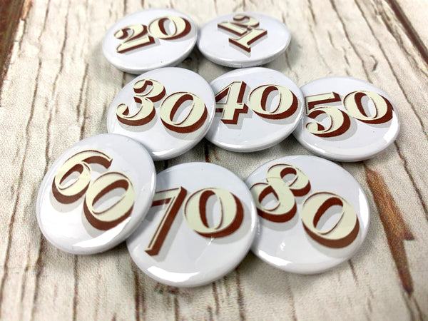 Birthday Number Badges 20-80 - Stirling Shadow Accessories, Badges, Font Not Found, Font: Stirling Shadow 44ideas.co.uk