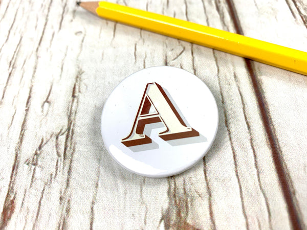 Alphabet Button Badges-Stirling Shadow Accessories, Badges, Font Not Found, Font: Stirling Shadow 44ideas.co.uk