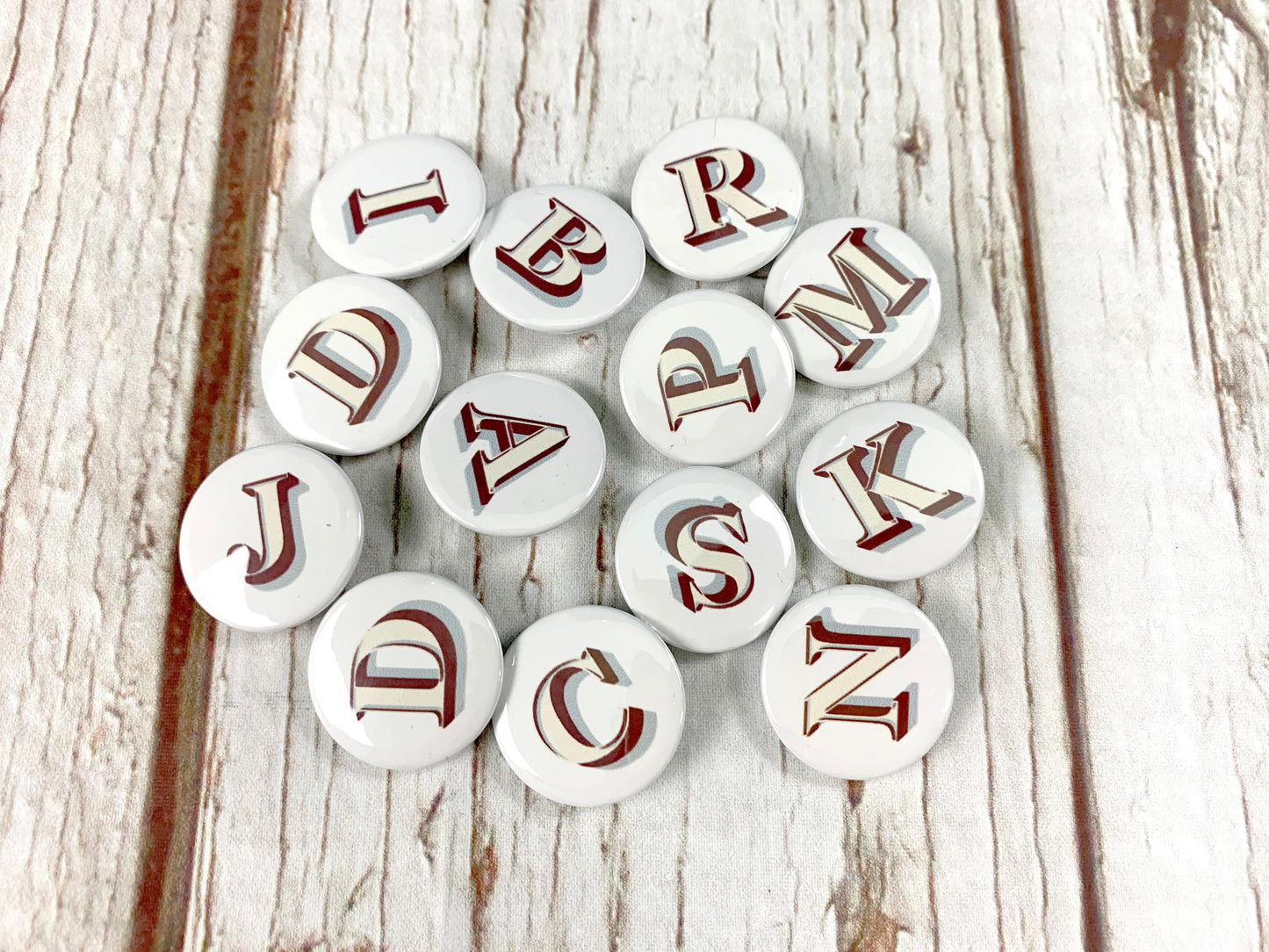 Alphabet Button Badges-Stirling Shadow Accessories, Badges, Font Not Found, Font: Stirling Shadow 44ideas.co.uk