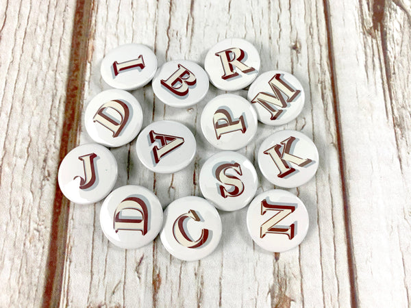 Alphabet Button Badges-Stirling Shadow Accessories, Badges, Font Not Found, Font: Stirling Shadow 44ideas.co.uk