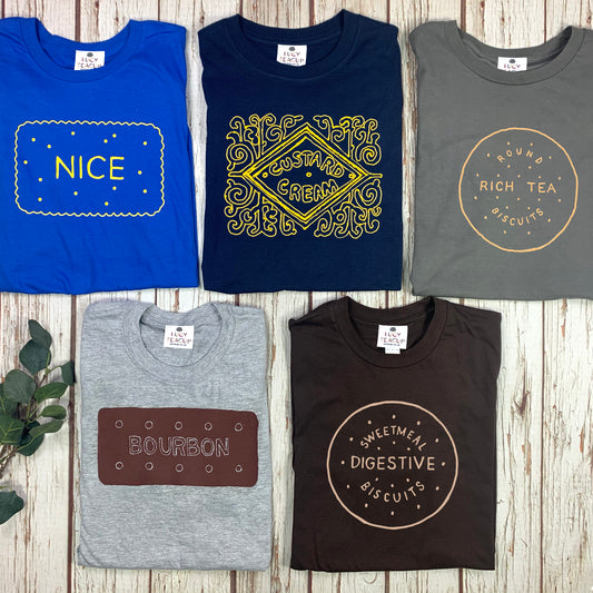 Men’s British Biscuit T-Shirt – Soft Flock Print, Handmade