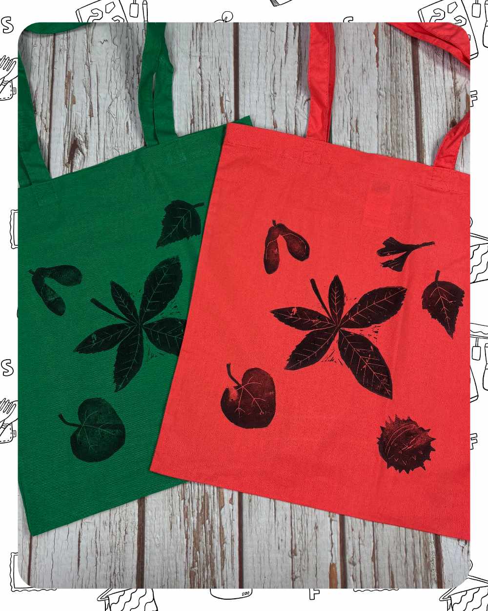Ready To Ship:  Totes- Leaves Linoprinted