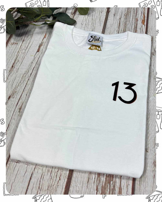 Ready To Ship: Kids White T-Shirt- 13 Branson- Age 12-14 years