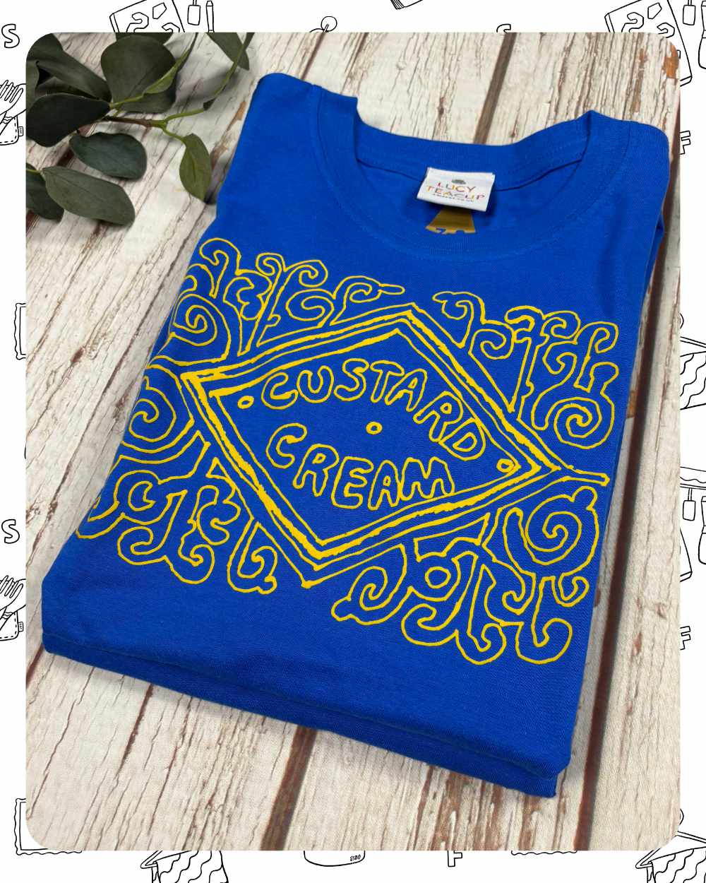 Ready To Ship: Kids Royal Blue T-Shirt- Custard Cream- age 7-8 years