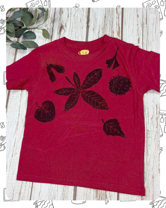 Ready To Ship: Kids Red T-Shirt- Leaves- age 3-4 years