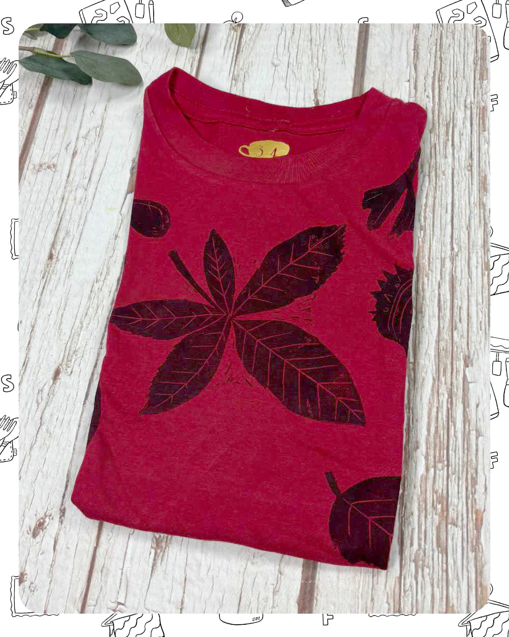 Ready To Ship: Kids Red T-Shirt- Leaves- age 3-4 years