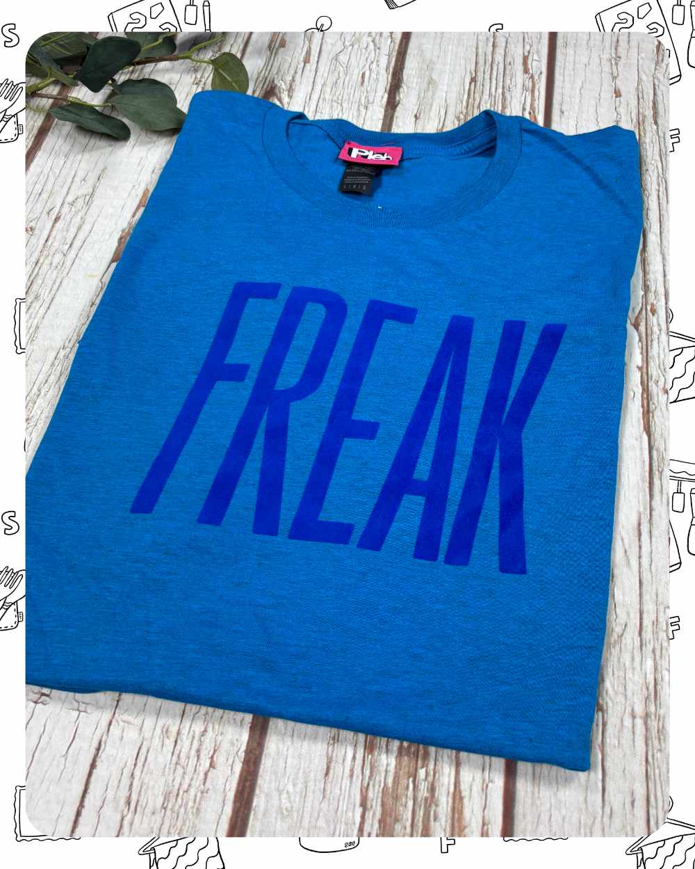 Ready To Ship: Unisex Blue Heather T-Shirt- Freak- Size L