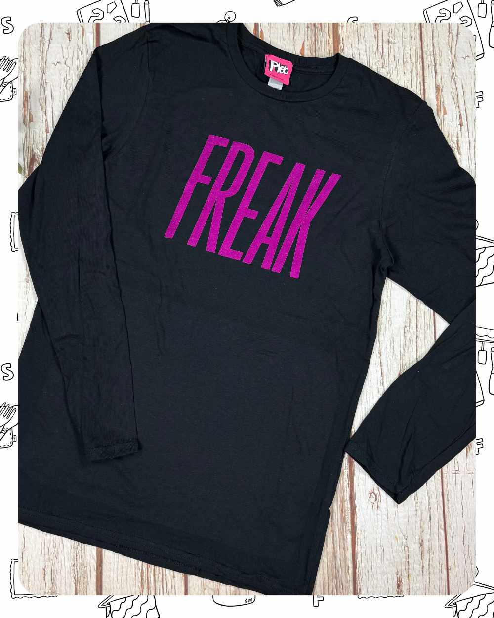 Ready To Ship: Unisex Black Long-Sleeved T-Shirt- Freak- Size S