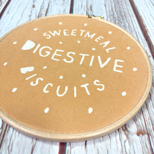 Rich Tea &amp; Digestive Biscuit Embroidery Hoop (7″)