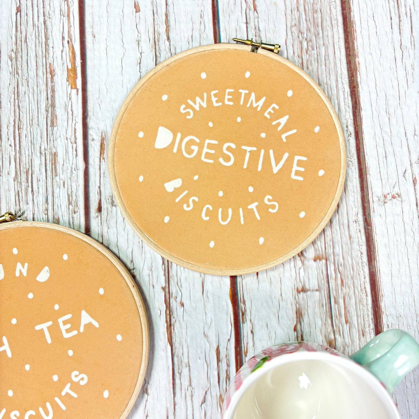 Rich Tea &amp; Digestive Biscuit Embroidery Hoop (7″)