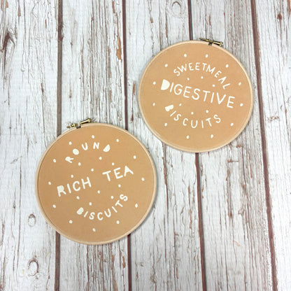 Rich Tea &amp; Digestive Biscuit Embroidery Hoop (7″)